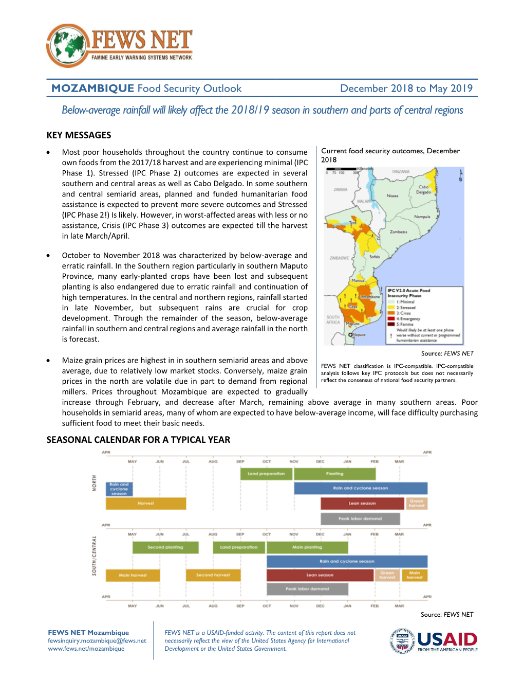 December 2018 to May 2019 Below-Average Rainfall Will Likely Affect the 2018/19 Season in Southern and Parts of Central Regions