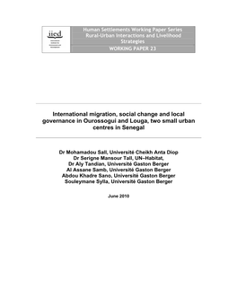International Migration, Social Change and Local Governance in Ourossogui and Louga, Two Small Urban Centres in Senegal