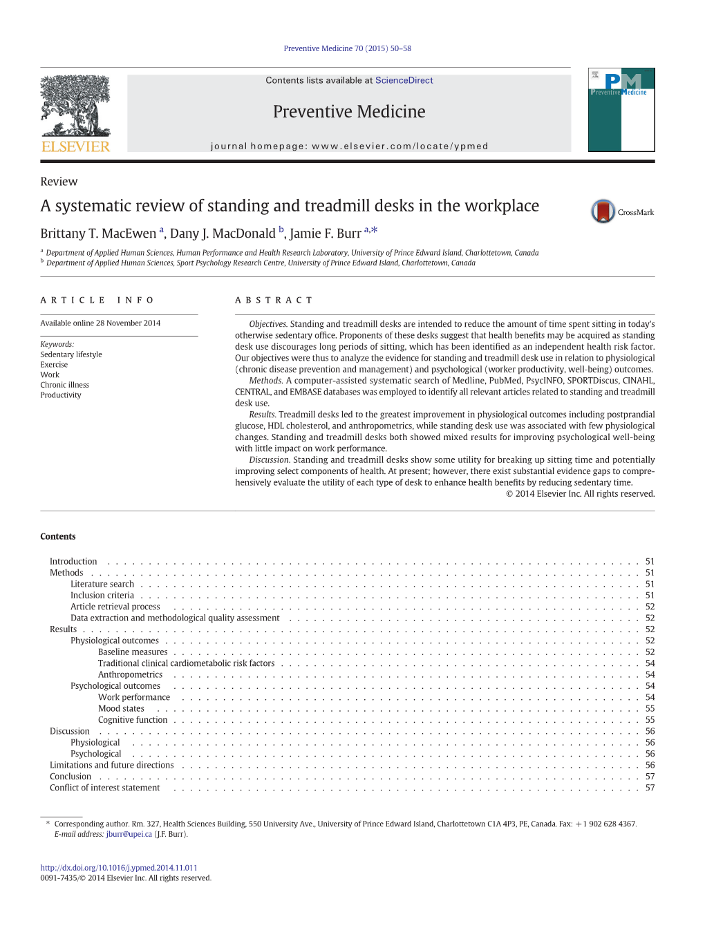 A Systematic Review of Standing and Treadmill Desks in the Workplace