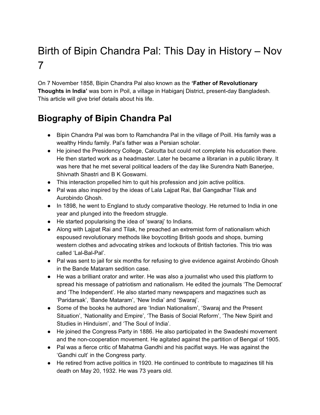 Birth of Bipin Chandra Pal: This Day in History – Nov 7