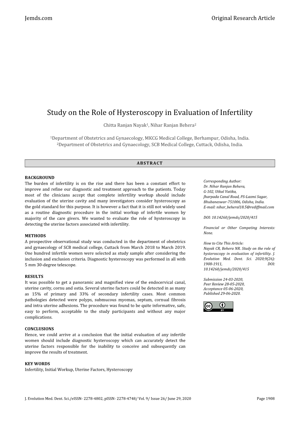 Study on the Role of Hysteroscopy in Evaluation of Infertility