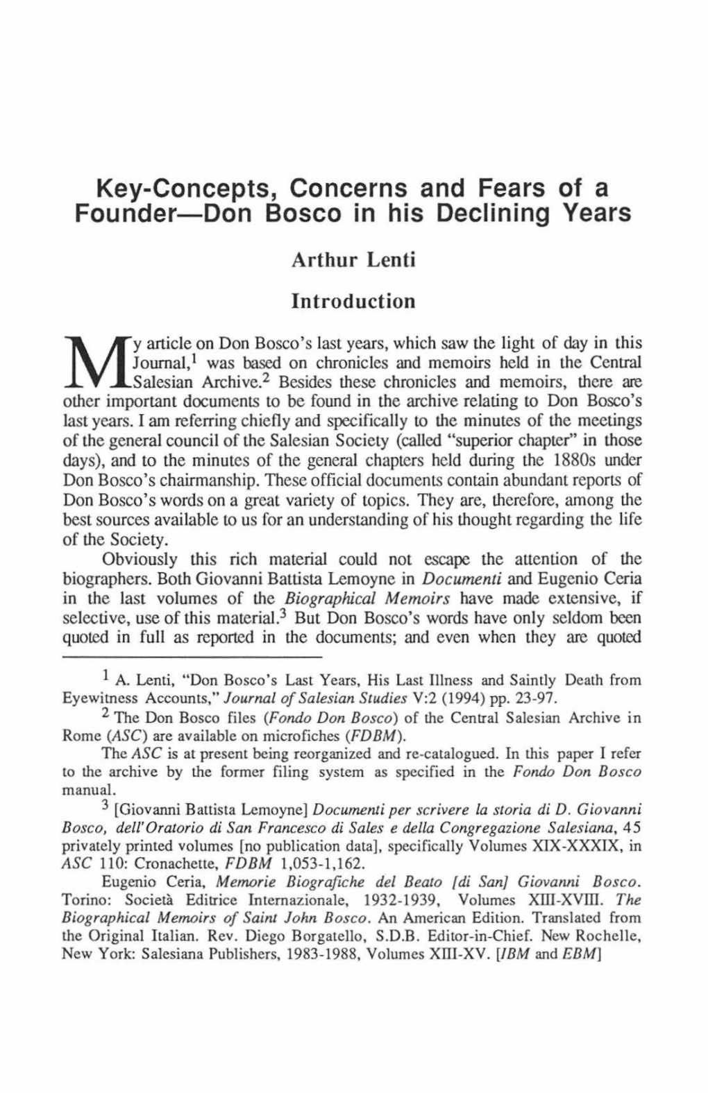 Key-Concepts, Concerns and Fears of a Founder-Don Bosco in His Declining Years