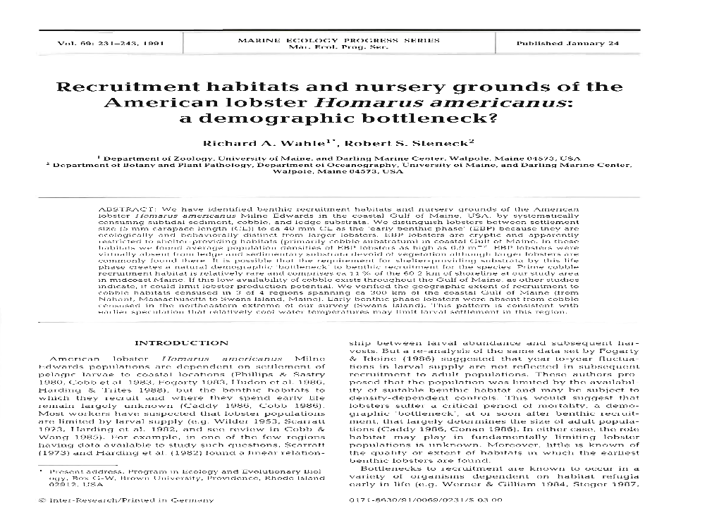 Recruitment Habitats and Nursery Grounds of the American Lobster Homarus Americanus: a Demographic Bottleneck?