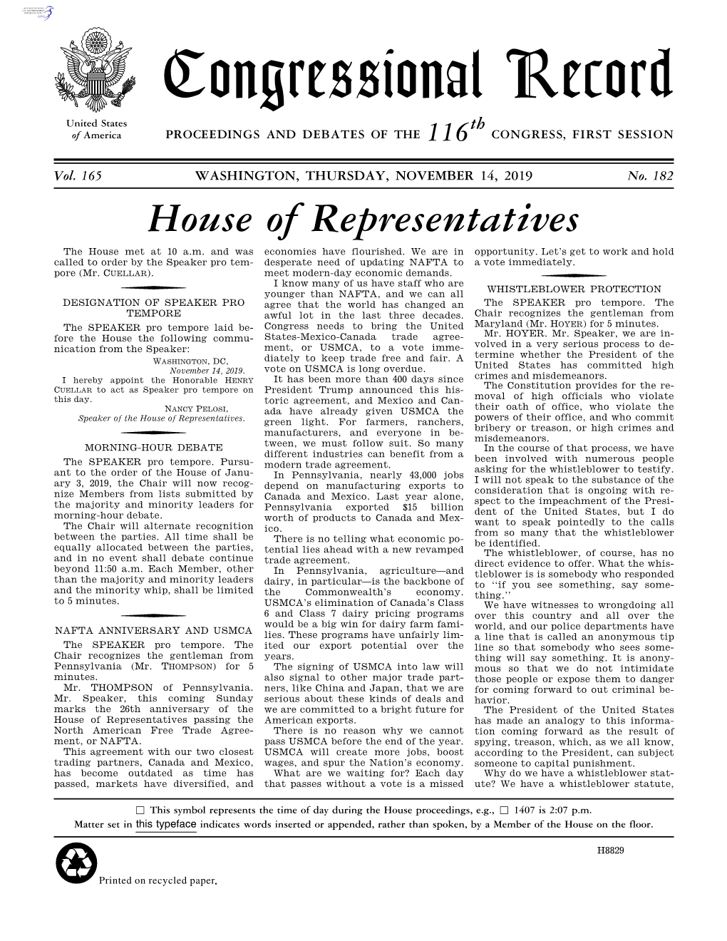 Congressional Record United States Th of America PROCEEDINGS and DEBATES of the 116 CONGRESS, FIRST SESSION