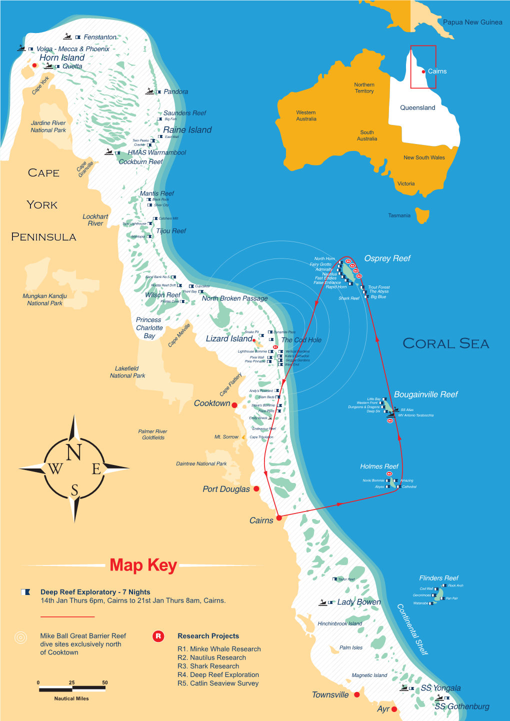 Map Key Taylor Reef Flinders Reef Rock Arch Cod Wall Deep Reef Exploratory - 7 Nights Geronimoes Fan Fair 14Th Jan Thurs 6Pm, Cairns to 21St Jan Thurs 8Am, Cairns