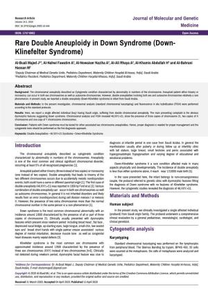 Rare Double Aneuploidy in Down Syndrome (Down- Klinefelter Syndrome)