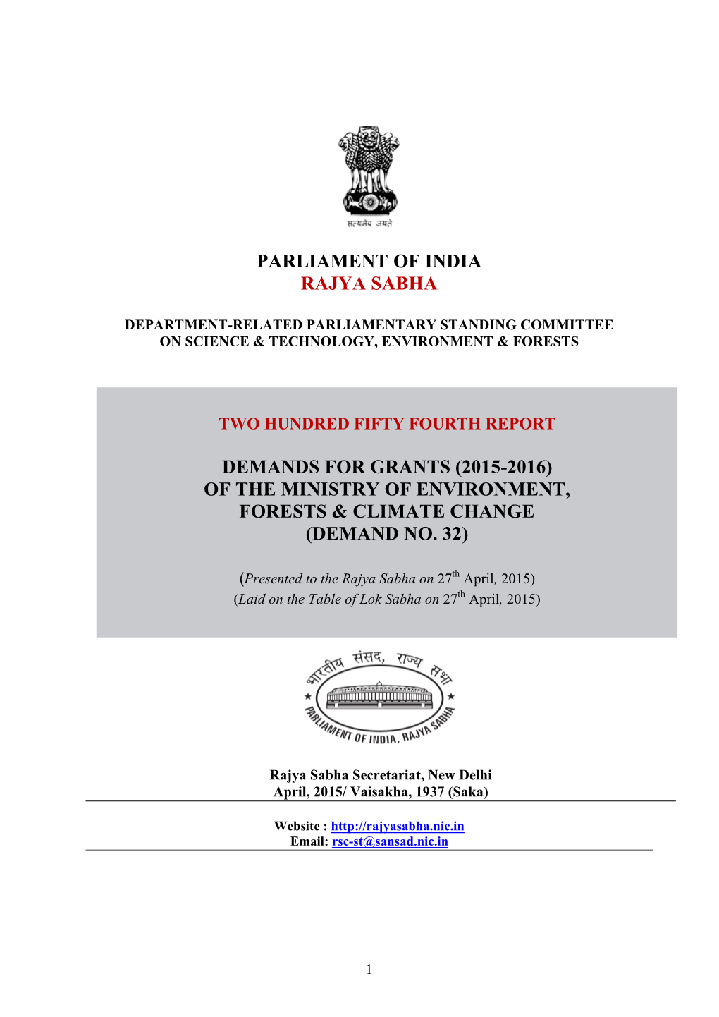 Parliament of India Rajya Sabha Demands for Grants (2015-2016) of the Ministry of Environment, Forests & Climate Change (D