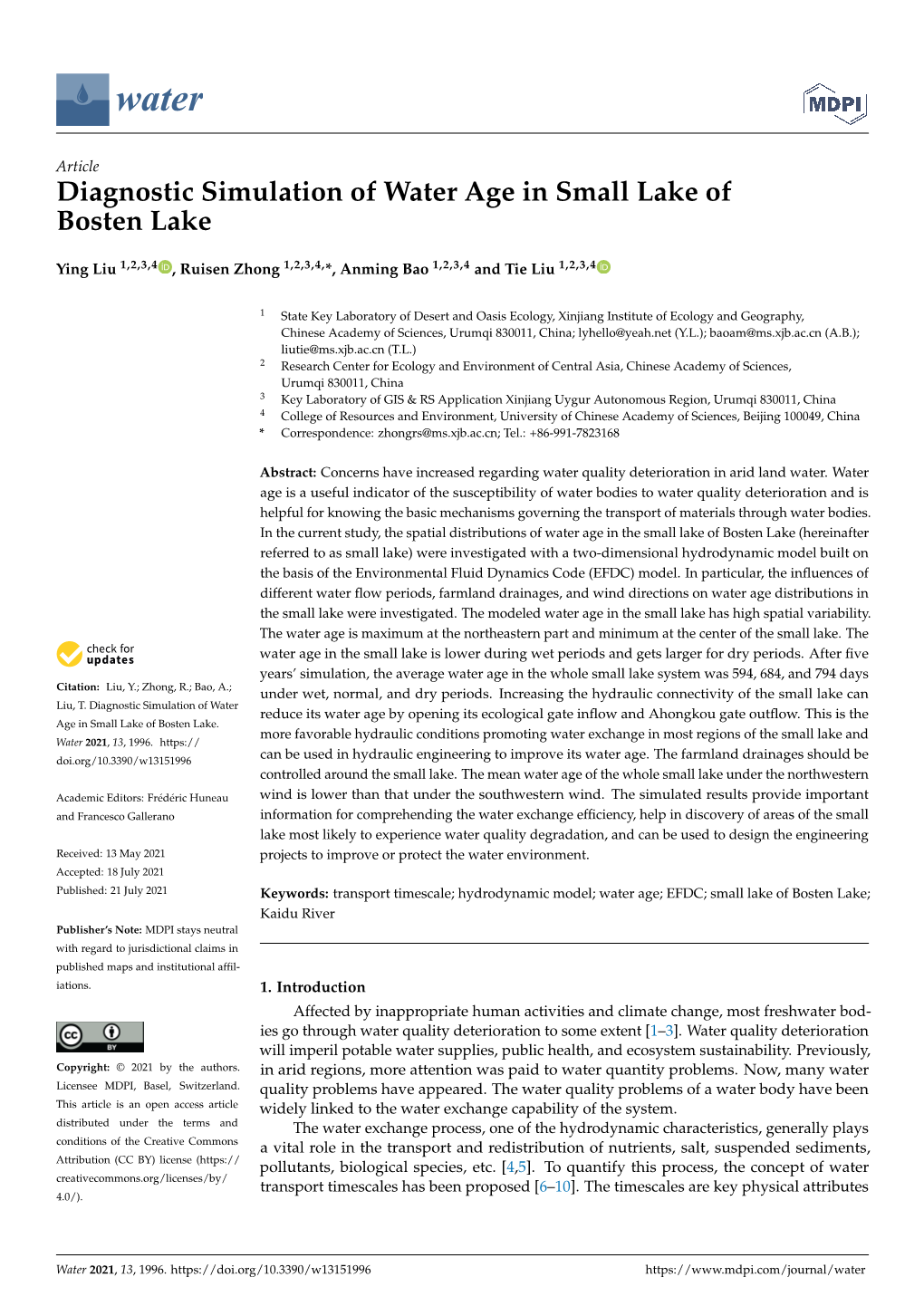 Diagnostic Simulation of Water Age in Small Lake of Bosten Lake