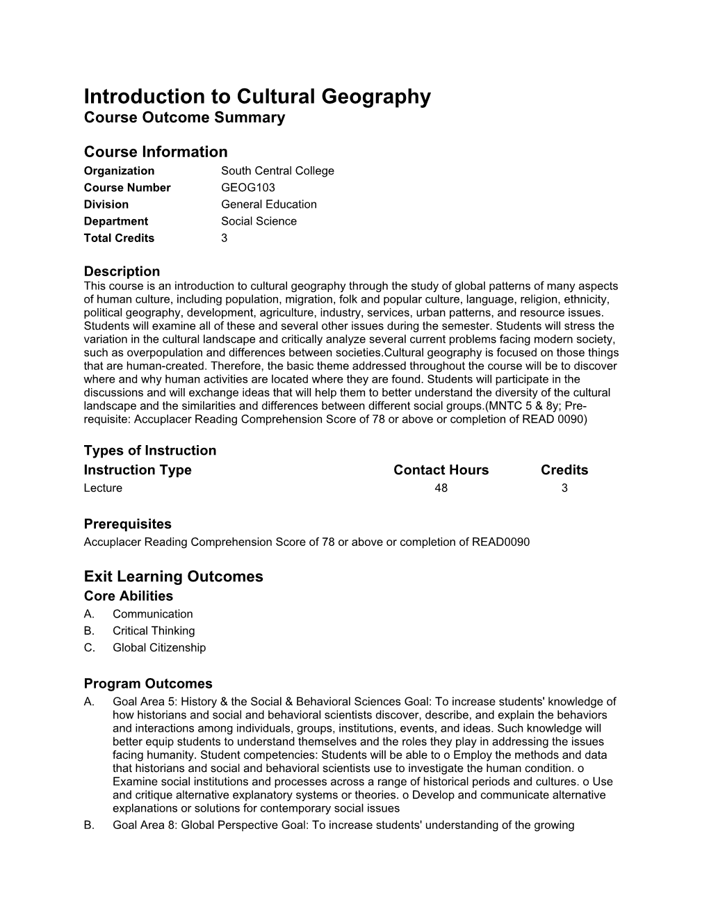 Introduction to Cultural Geography Course Outcome Summary