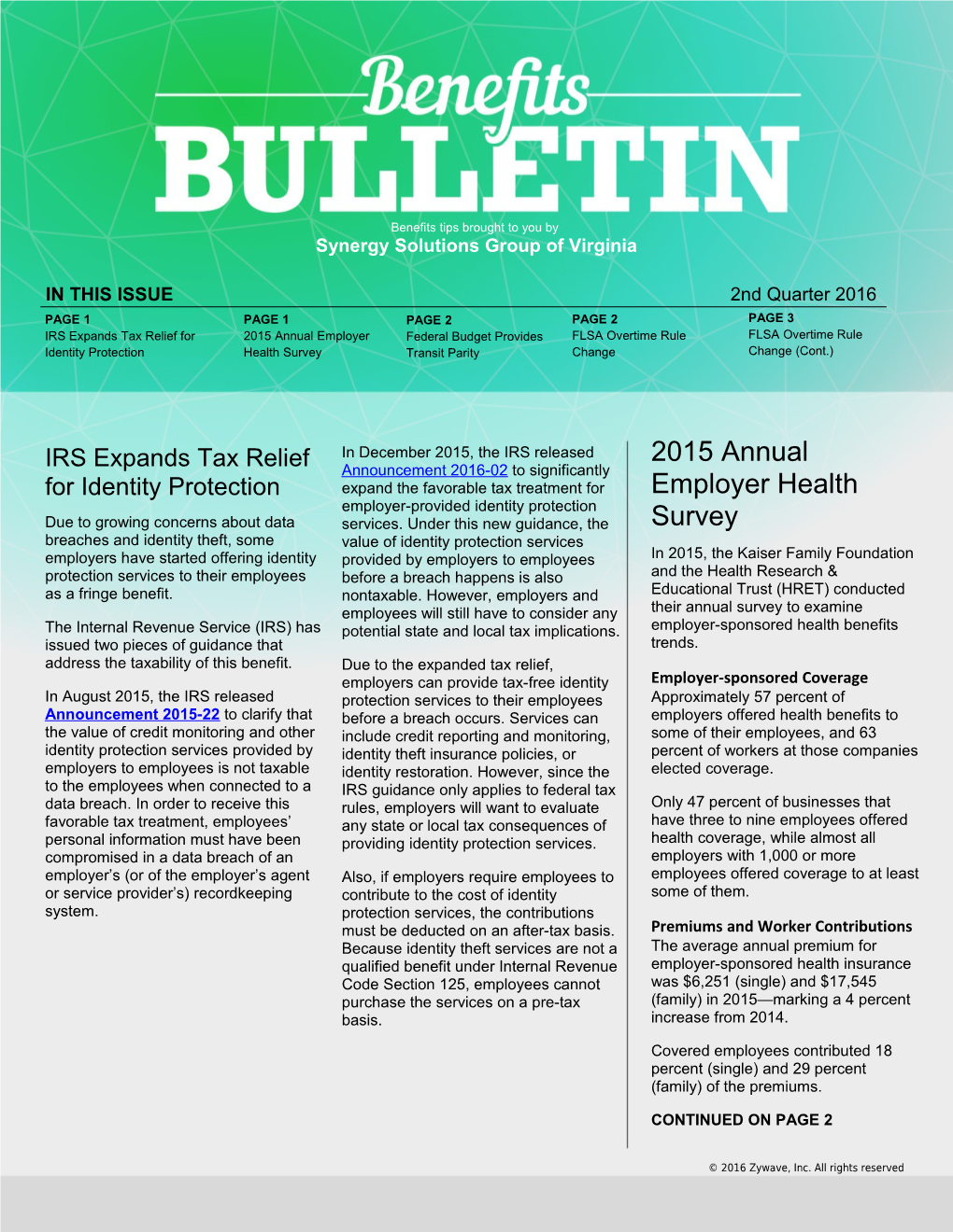 2015 Annual Employer Health Survey (Cont.)