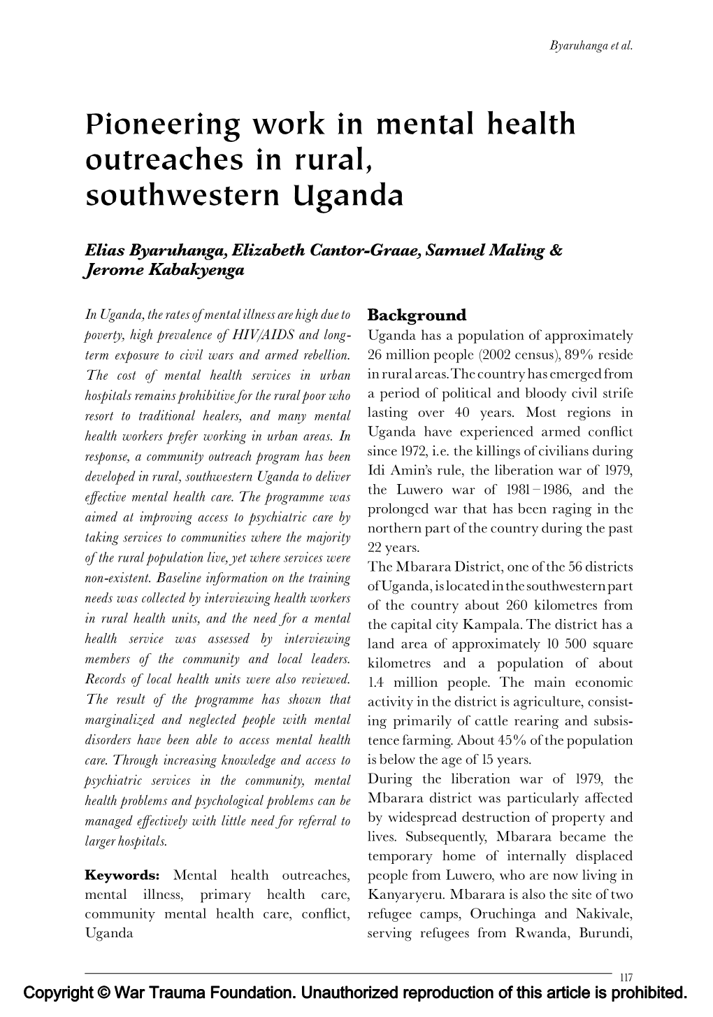 Pioneering Work in Mental Health Outreaches in Rural, Southwestern Uganda