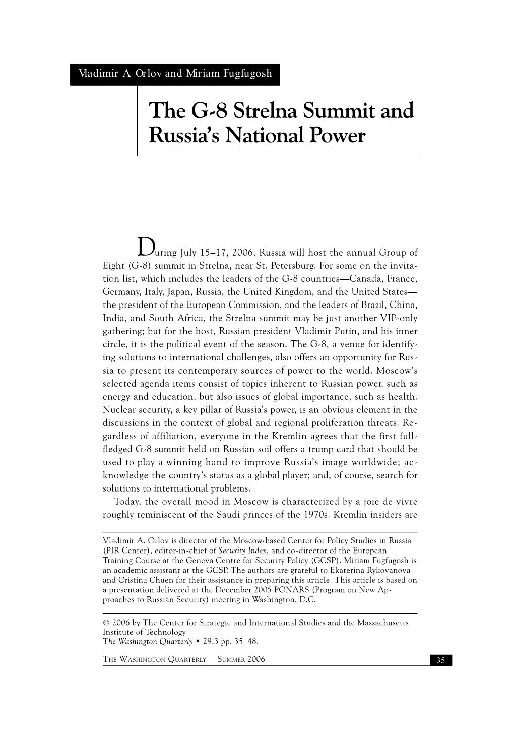 The G-8 Strelna Summit and Russia's National Power