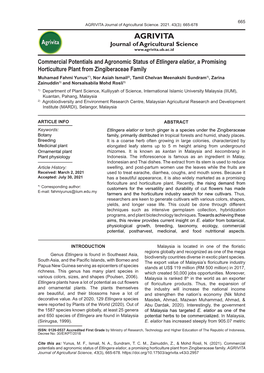 Commercial Potentials and Agronomic Status of Etlingera Elatior, A