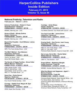 Harpercollins Publishers Inside Edition February 21, 2013 Volume 12, Issue 46