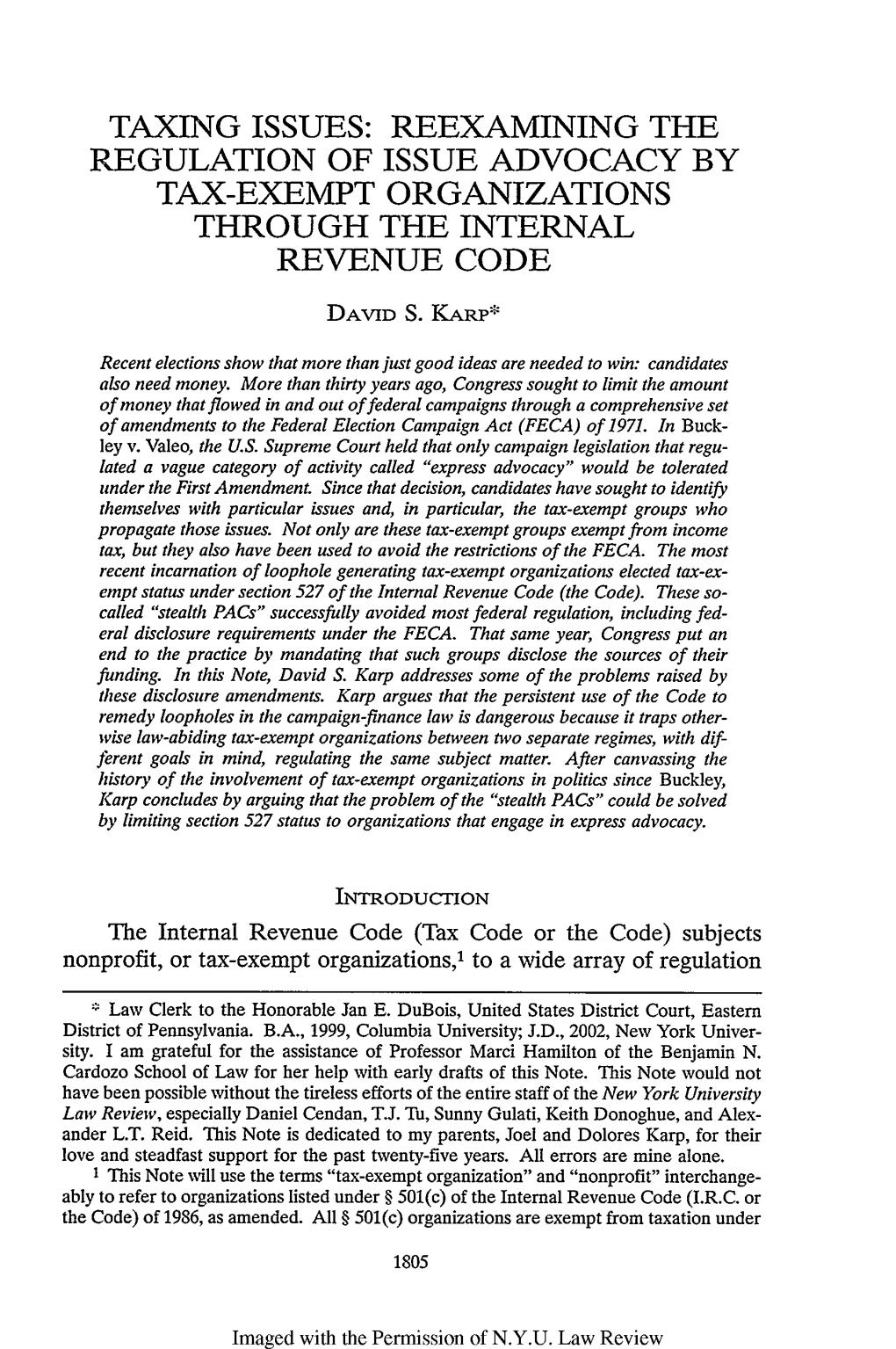 Reexamining the Regulation of Issue Advocacy by Tax-Exempt Organizations Through the Internal Revenue Code