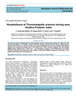 Herpetofauna of Thummalapalle Uranium Mining Area, Andhra Pradesh, India