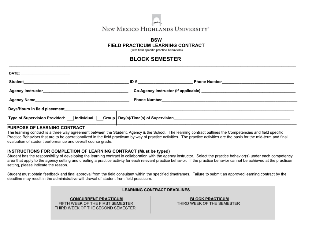 Field Practicum Learning Contract