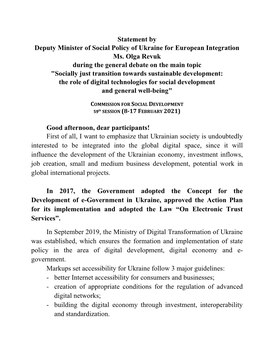 Statement by Deputy Minister of Social Policy of Ukraine for European Integration Ms