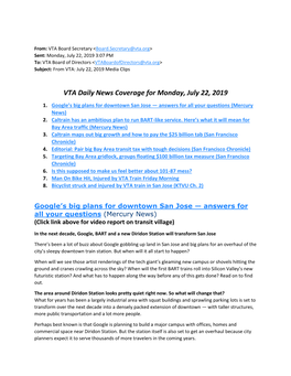 VTA Daily News Coverage for Monday, July 22, 2019