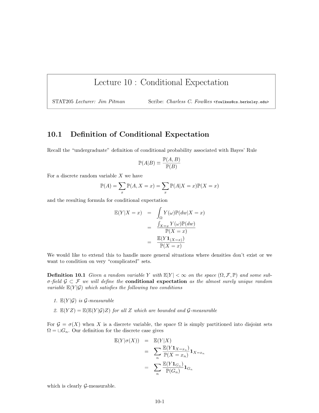 Lecture 10 : Conditional Expectation