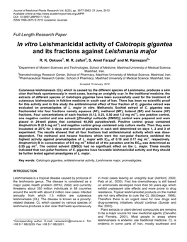 In Vitro Leishmanicidal Activity of Calotropis Gigantea and Its Fractions Against Leishmania Major