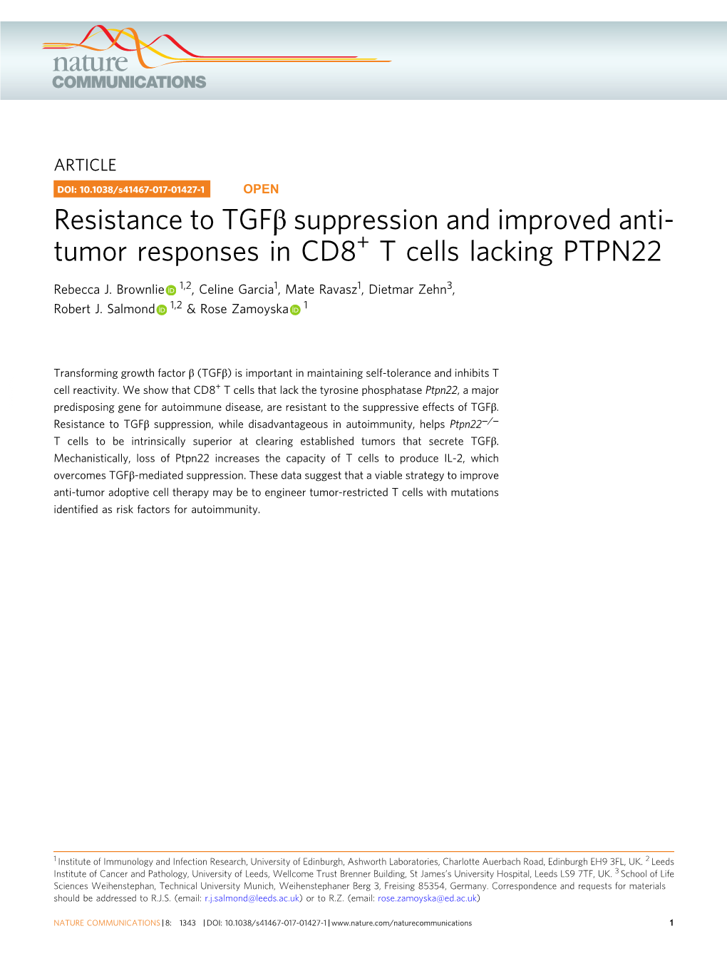 Resistance to Tgfβ Suppression and Improved Anti-Tumor Responses In