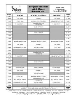 Program Schedule At-A-Glance Summer 2021