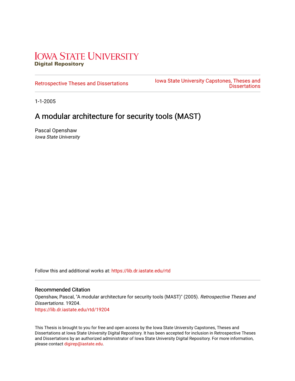 A Modular Architecture for Security Tools (MAST)