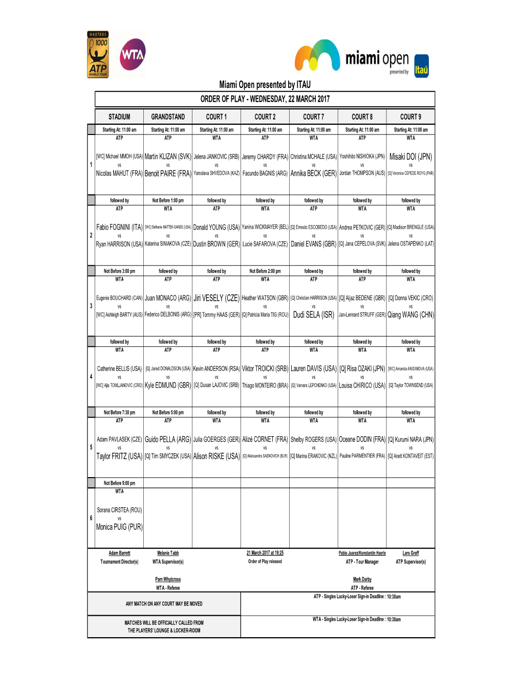 Miami Open Presented by ITAU ORDER of PLAY - WEDNESDAY, 22 MARCH 2017