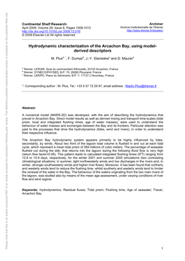 Hydrodynamic Characterization of the Arcachon Bay, Using Model-Derived Descriptors