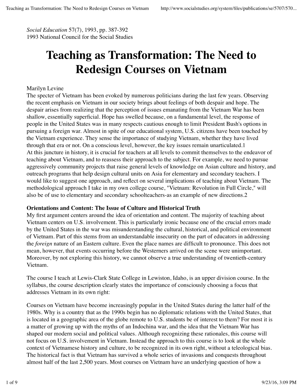 Teaching As Transformation: the Need to Redesign Courses on Vietnam
