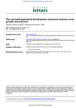 Growth and Survival Reduces Coral Dendropoma Maximum The