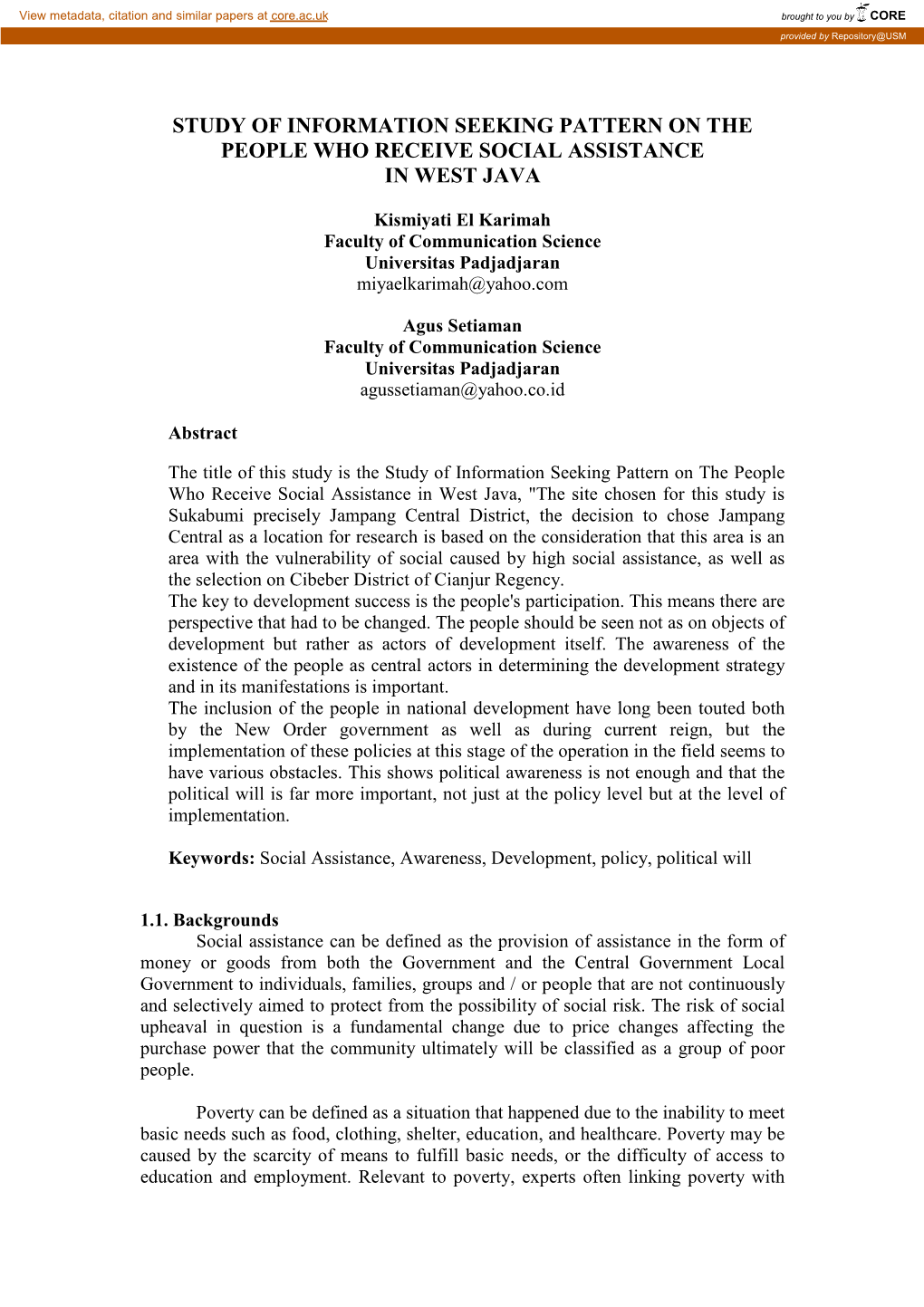 Study of Information Seeking Pattern on the People Who Receive Social Assistance in West Java