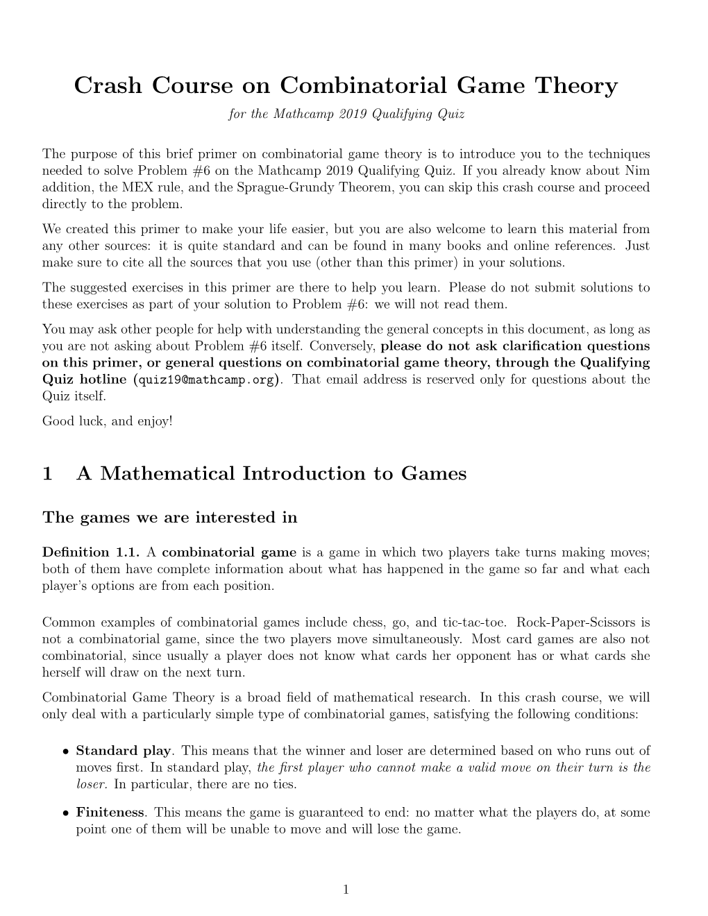 Crash Course on Combinatorial Game Theory for the Mathcamp 2019 Qualifying Quiz