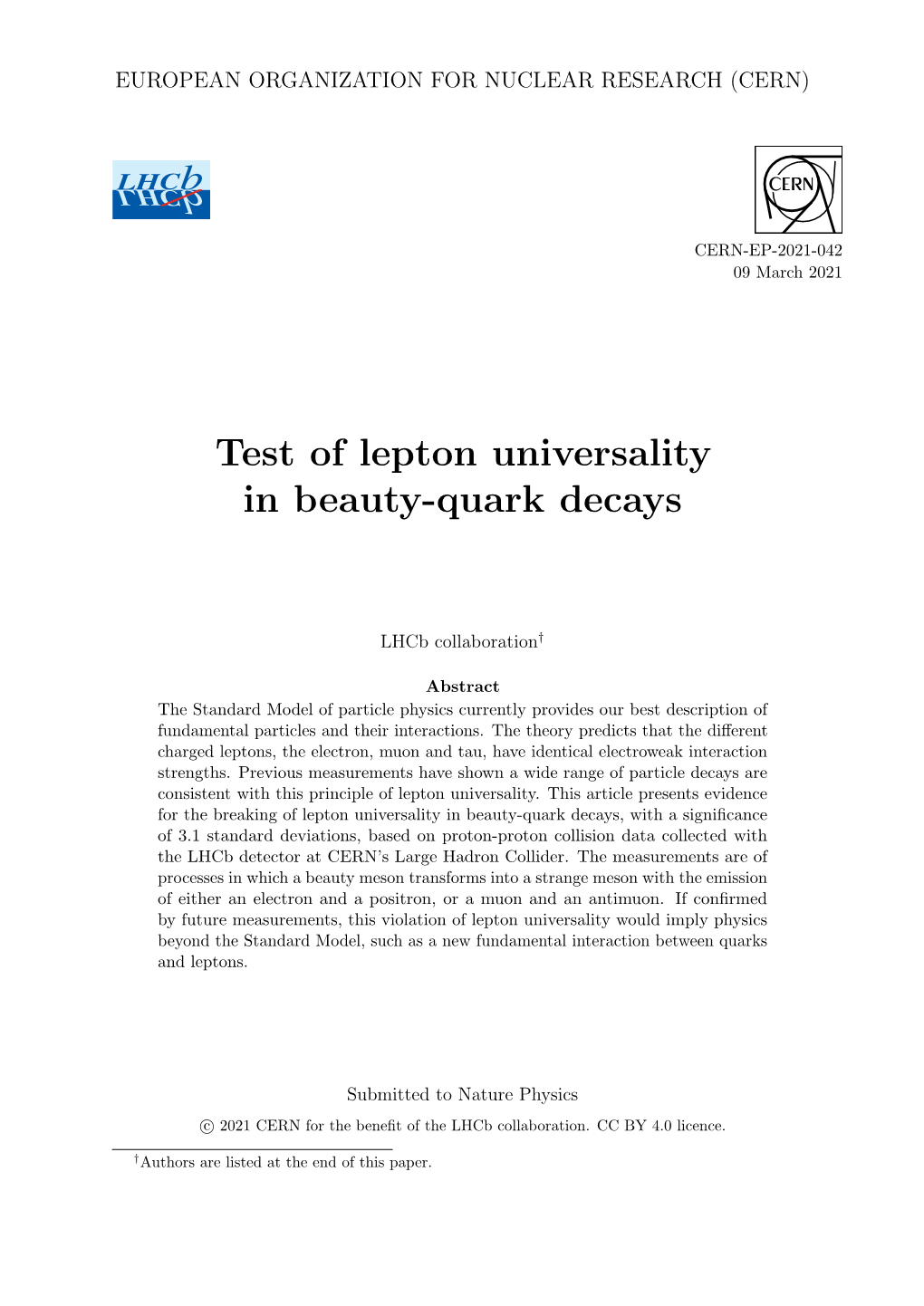 Test of Lepton Universality in Beauty-Quark Decays