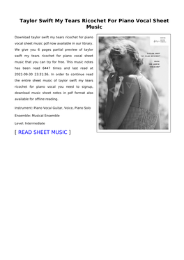 Taylor Swift My Tears Ricochet for Piano Vocal Sheet Music