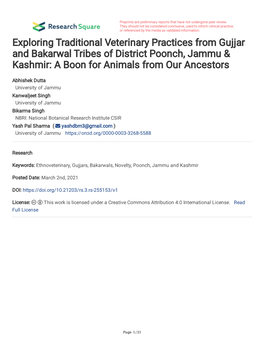 Exploring Traditional Veterinary Practices from Gujjar and Bakarwal Tribes of District Poonch, Jammu & Kashmir: a Boon for Animals from Our Ancestors