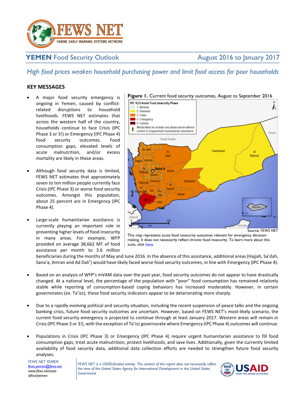 YEMEN Food Security Outlook August 2016 to January 2017