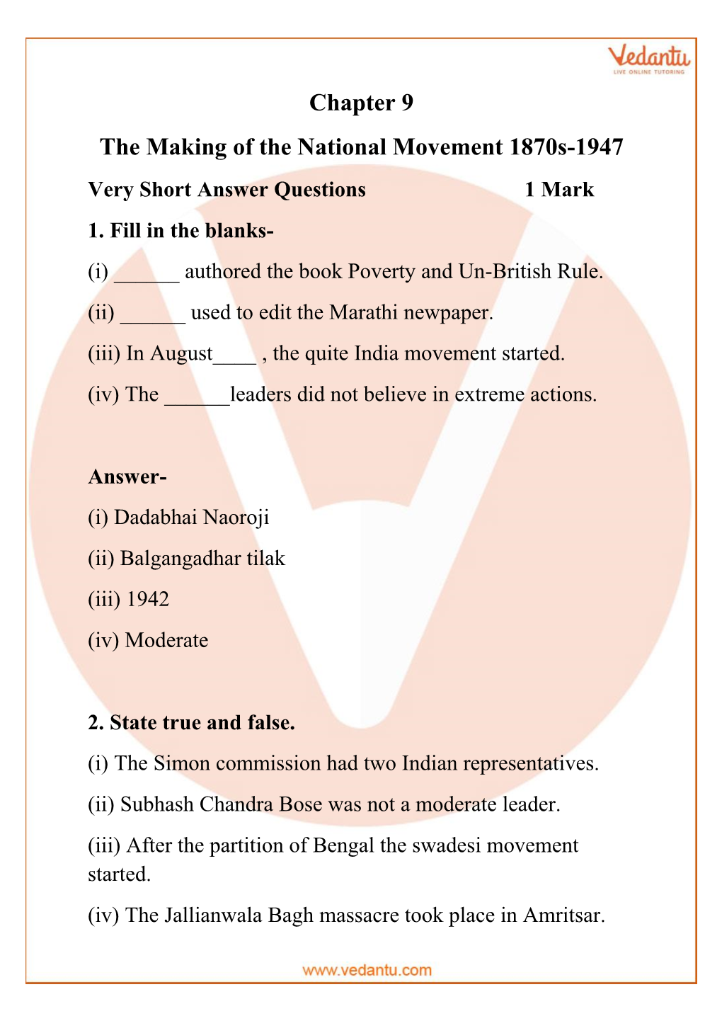 Chapter 9 the Making of the National Movement 1870S-1947 Very Short Answer Questions 1 Mark 1