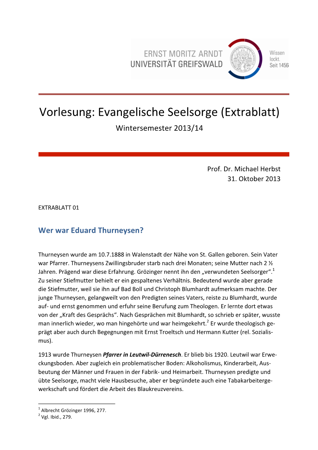 Vorlesung: Evangelische Seelsorge (Extrablatt) Wintersemester 2013/14