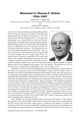 Memorial to Thomas E. Bolton 1924–1997 GODFREY S