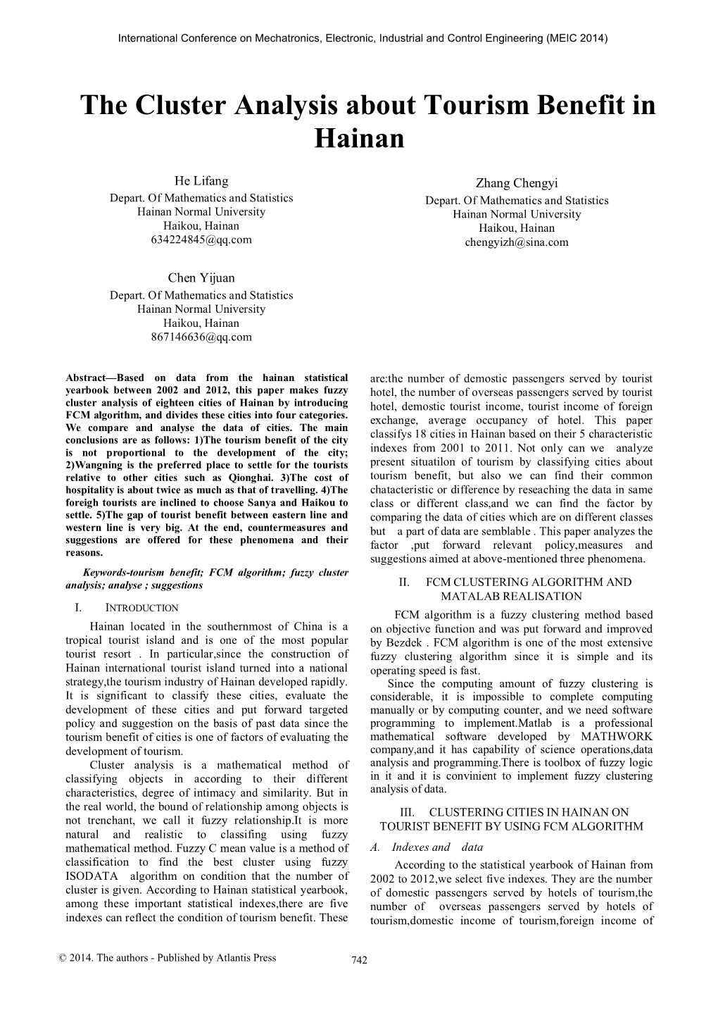 The Cluster Analysis About Tourism Benefit in Hainan