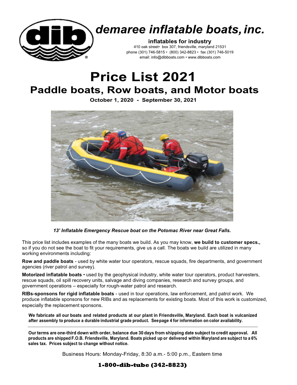 Price List 2021 Paddle Boats, Row Boats, and Motor Boats October 1, 2020 - September 30, 2021