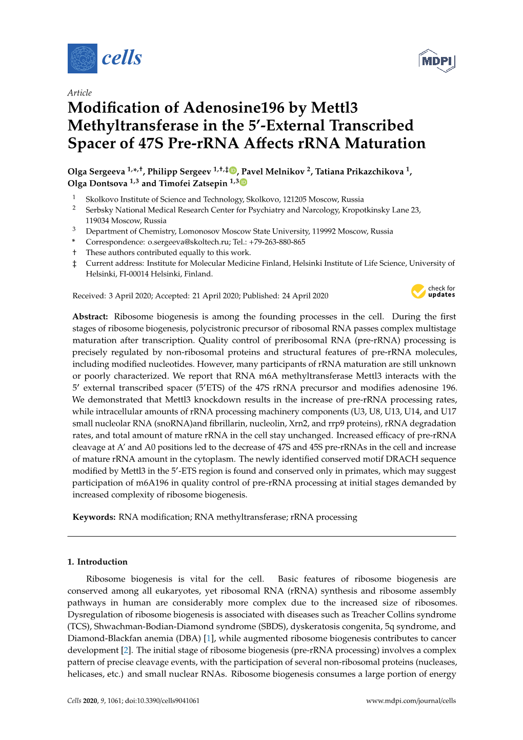 Modification of Adenosine196 by Mettl3 Methyltransferase in the 5