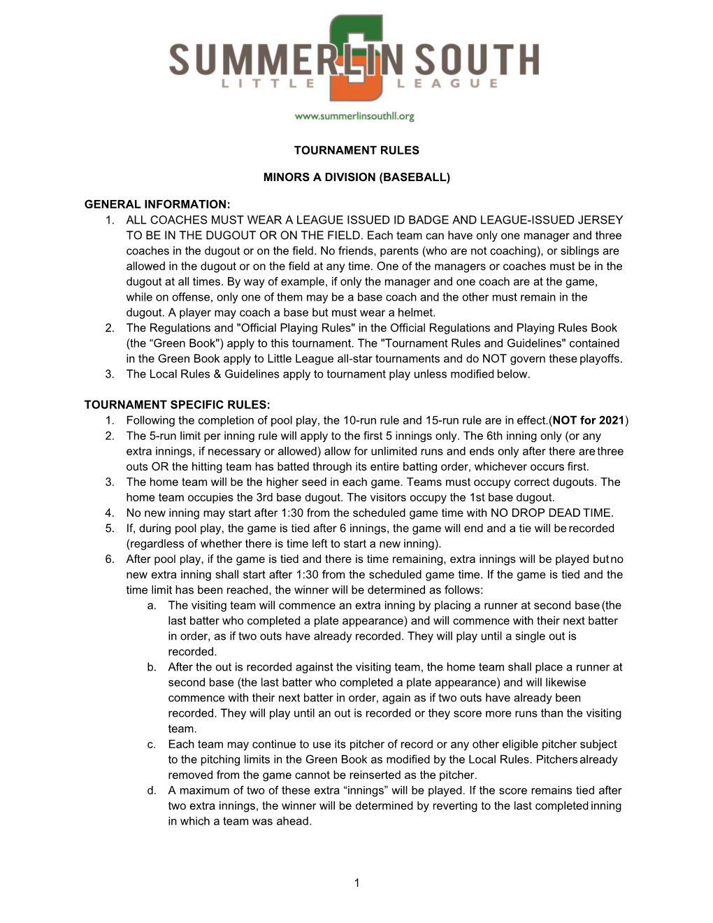 1 Tournament Rules Minors a Division (Baseball)