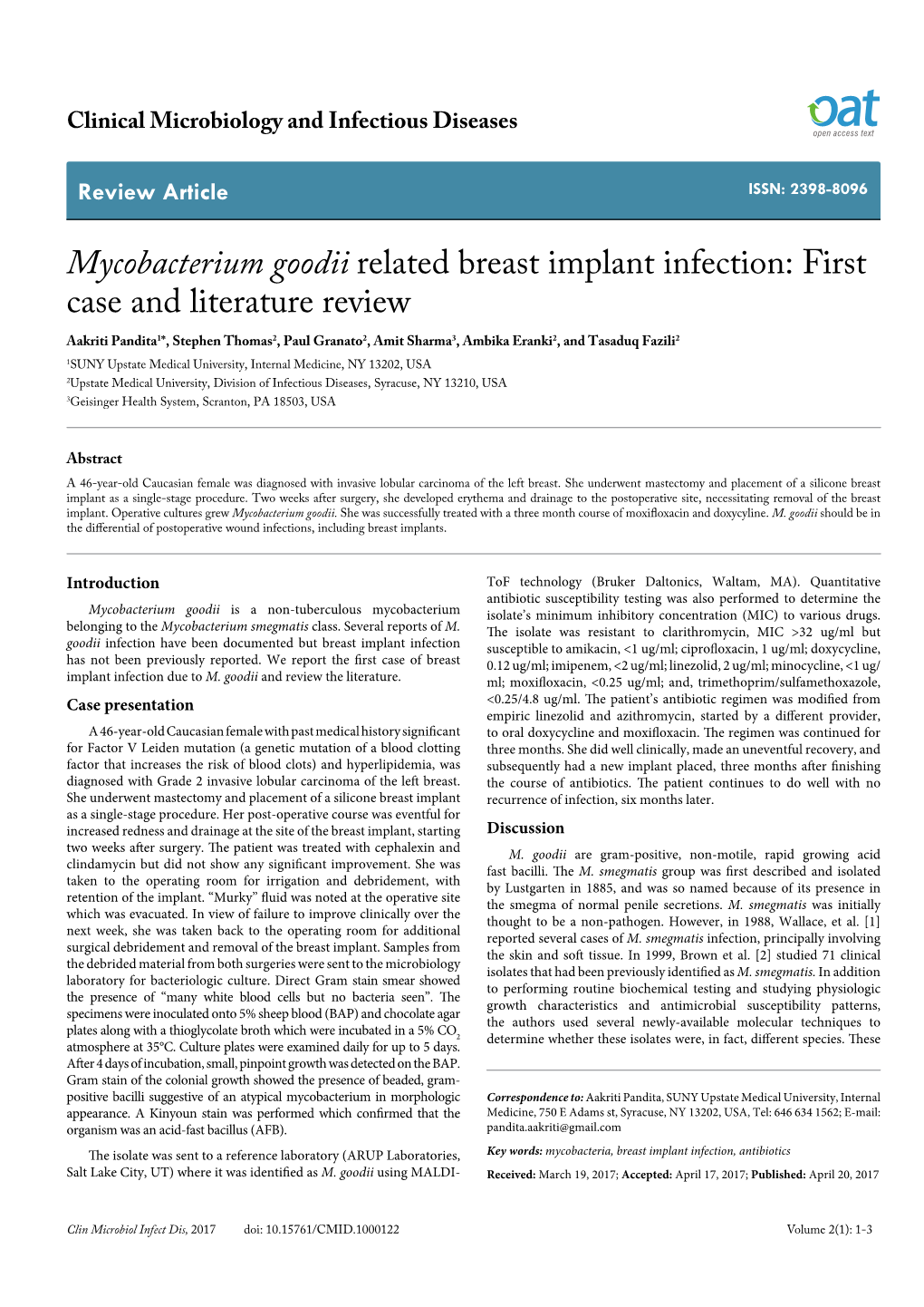 Mycobacterium Goodii Related Breast Implant Infection