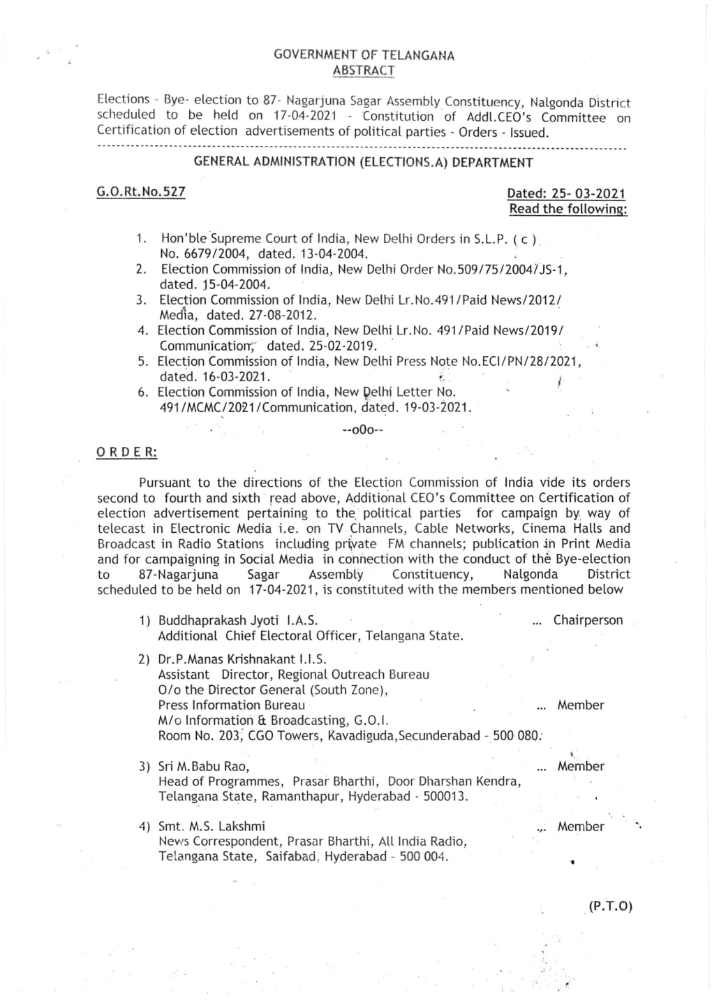 To 87-Nagarjuna Sagar Assembty Constituency, Natgonda District Scheduled to Be Hetd on 17 -04-2021 , Is Constituted with the Members Mentioned Below