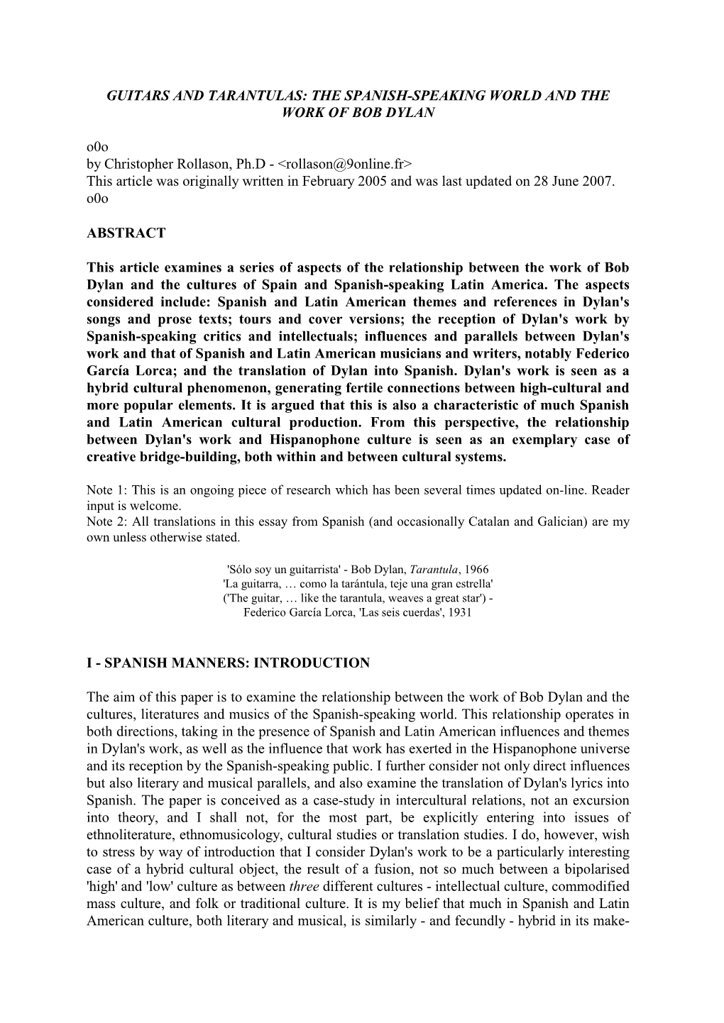 GUITARS and TARANTULAS: the SPANISH-SPEAKING WORLD and the WORK of BOB DYLAN O0o by Christopher Rollason, Ph.D