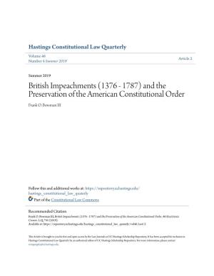 British Impeachments (1376 - 1787) and the Preservation of the American Constitutional Order Frank O
