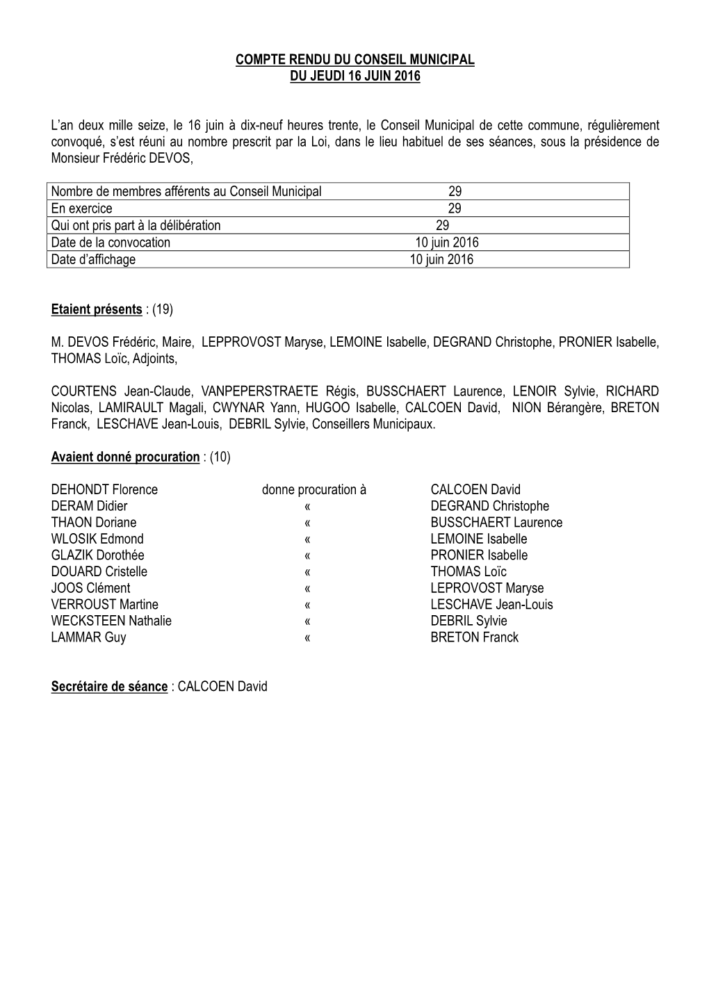 Compte Rendu Du Conseil Municipal Du Jeudi 16 Juin 2016